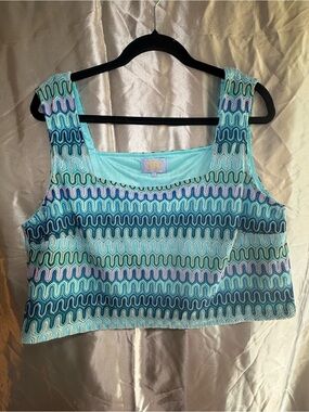 SSS The Label Women’s Aqua Patterned Crop Tank Top Size XL